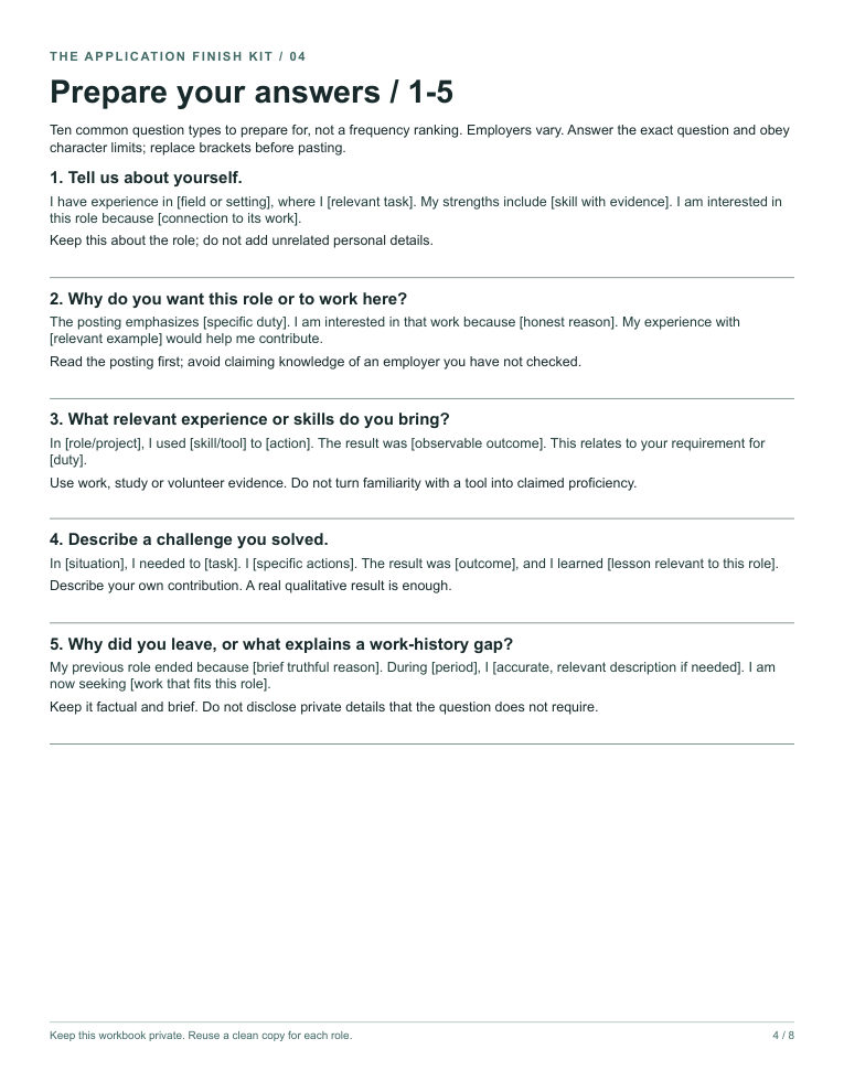 Page 4 of the kit: Prepare your answers, questions 1 to 5.