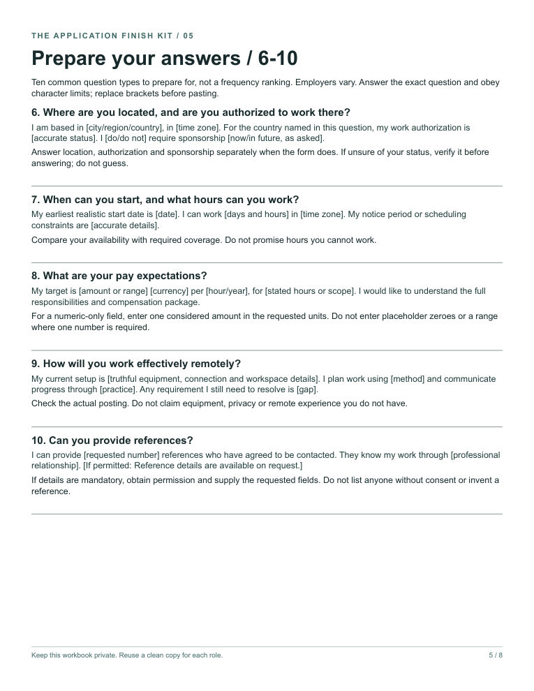 Page 5 of the kit: Prepare your answers, questions 6 to 10.