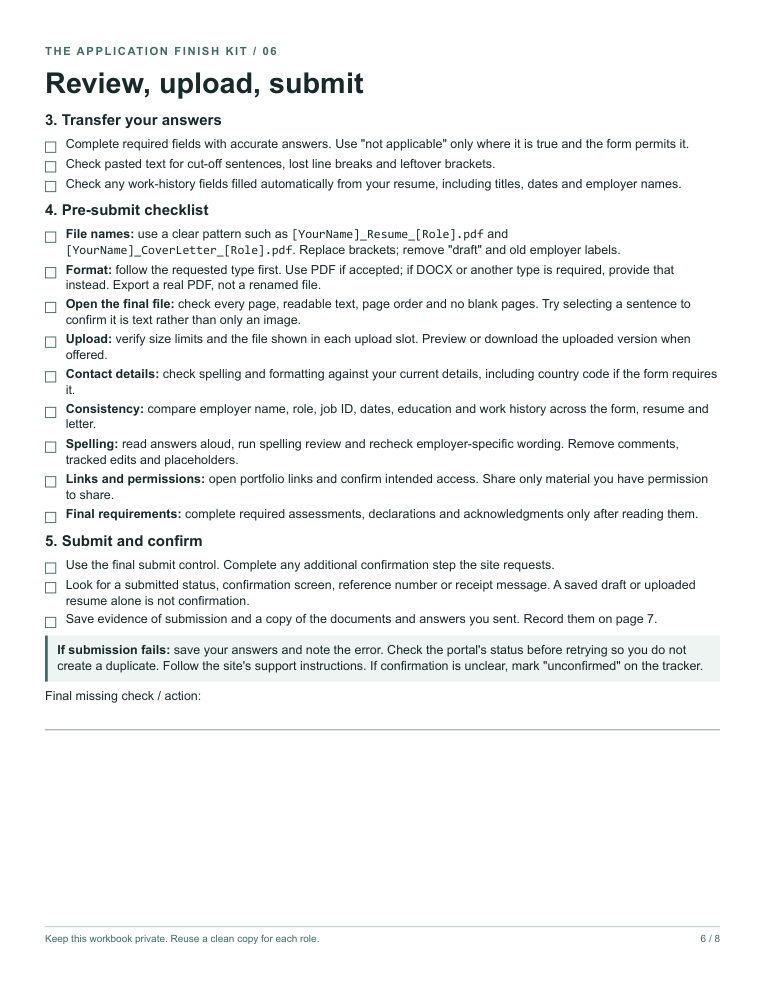 Page 6 of the kit: Review, upload, submit.